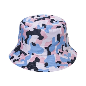 Detailed view of pink and blue camo bucket hat stitching and durable canvas texture