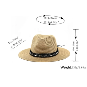 Detailed dimension chart for a straw sun hat with bohemian band and measurement labels