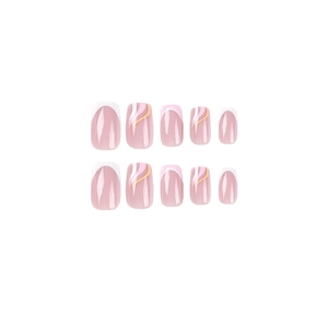 Pink and white French press-on nails with stylish colorful wave patterns in square shape