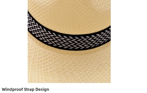 Detail of straw hat texture with black and white wave ribbon and windproof strap design