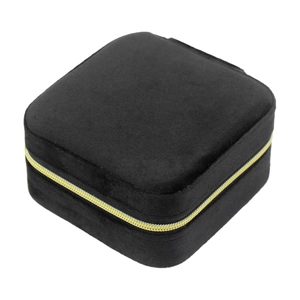 Detail view of the black velvet jewelry box with a high-quality golden metal zipper