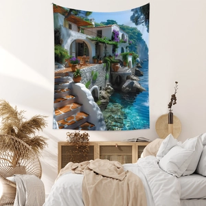 Detail of Mediterranean coastal landscape tapestry featuring blue buildings and sea