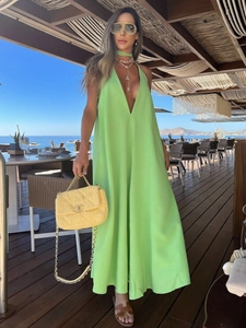 Elegant lime green halter V-neck maxi dress for beach vacations and casual summer wear