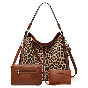Brown leopard print 3-piece tote bag set with matching zipper pouch and small card holder