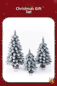 Three-piece set of flocked mini Christmas trees with wooden bases in 75cm, 45cm, and 60cm heights