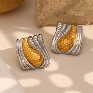 Stainless Steel Stud Earrings Two Tone 18K Gold Plated Hammered Texture Geometric Irregular Vintage Trendy For Women