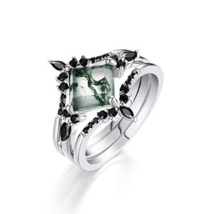 Detailed view of S925 silver rings set featuring square moss agate and black gemstones