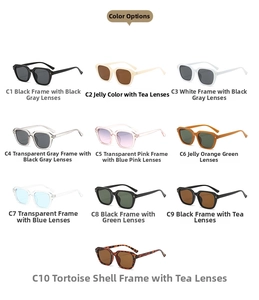 Overview of square sunglasses in 10 colors including tortoise, gray, and pink frames