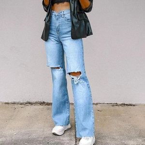 Pantalon En Jean Femme Taille Haute Déchiré Jambe Large Denim Délavé Clair Mode Streetwear Décontracté Long