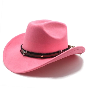 Detail of pink felt cowboy hat featuring brown leather band and silver bull head emblem