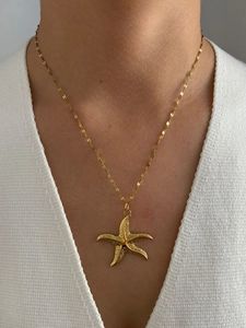 Macro shot of gold-plated starfish pendant featuring realistic grain texture and flat link chain