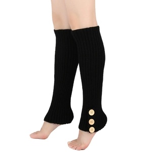 Detail of black knit leg warmers featuring vertical ribbing and three vintage wooden buttons