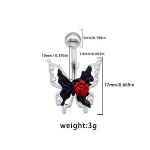 Detail view of butterfly and red rose belly ring with purple enamel and tiny white crystals