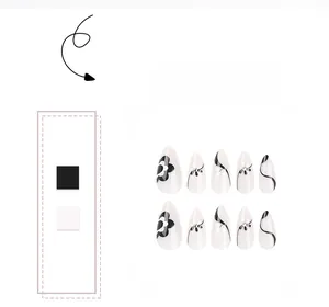 Detail of almond press-on nails with black and white floral patterns and rhinestones