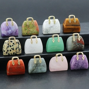 Mini Handbag Pendants Natural Crystal Gemstone With Gold Alloy Handle Polished Purse Shape Charms Jewelry Making