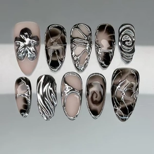 3D Silver Metallic Press On Nails Chrome Long Almond Artificial Fake Fingernails Cyberpunk Marble Design Cool Y2K Style Women