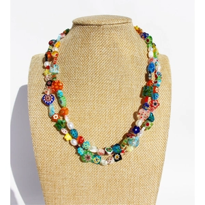 Handmade Beaded Necklace With Freshwater Pearl And Colorful Lampwork Flower Heart Beads Brass Gold Plated Choker For Women