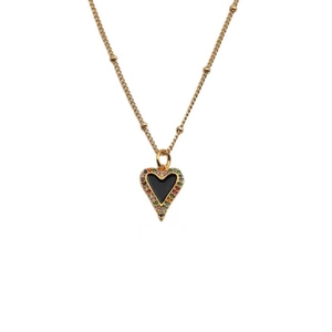 Elegant gold necklace featuring a heart pendant with black gemstone and colorful zircons