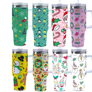 Stainless Steel Insulated Tumbler Vacuum Cup With Handle And Straw Christmas Pattern Large Capacity Portable Travel Car Mug