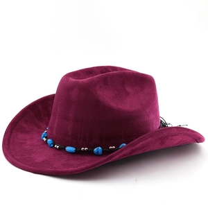 Detail of burgundy faux suede cowboy hat with black beaded band and silver accents