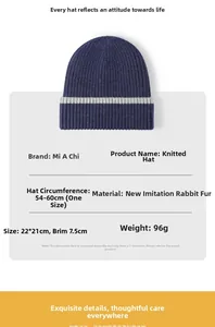 Detail view of navy blue striped knit beanie with faux rabbit fur texture and size specs
