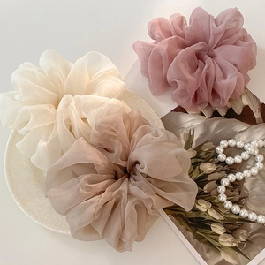 Elegant oversized tulle hair scrunchies in cream, dusty pink and brown soft mesh fabric