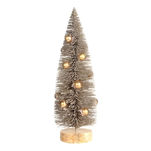 Mini pine needle Christmas tree with golden ornaments on a round wooden base for desktop