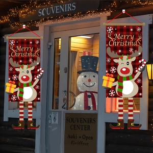 Vertical red buffalo plaid Christmas banners with reindeer and Merry Christmas text decor