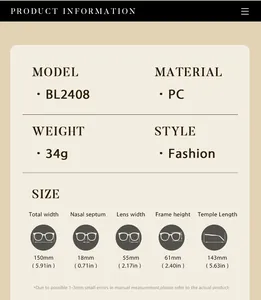 Detailed size chart for stylish polygonal anti-blue light glasses showing PC frame dimensions
