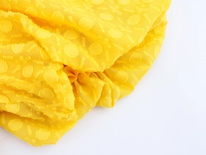 Detailaufnahme des gelben V-Ausschnitt-Kleides mit Jacquard-Struktur und 3D-Blumenmuster