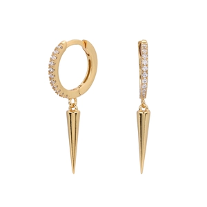 Detail of gold spike earrings featuring micro-pave crystal hoops and polished dangles
