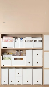 Modular white plastic storage bins in minimalist style for kitchen cabinet organization