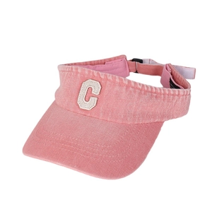 Pink washed cotton sun visor hat for women featuring embroidered letter C and adjustable strap