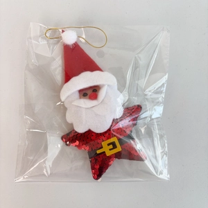 Sparkling red sequin Santa Claus star pendant with golden hanging cord in packaging