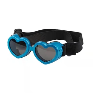 Blue heart-shaped pet goggles with adjustable strap and Doggles engraving on frame
