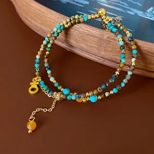 Bracelet Perles Double Couche Alliage Strass Pierre Naturelle Pendentif Style Ethnique Vintage Bohème Pour Femmes