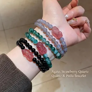 Agate and strawberry crystal beads bracelet with Pixiu charm in black, green, and grey
