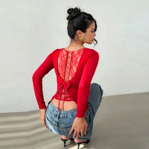 Maglietta Sexy Schiena Scoperta Donna Pizzo Patchwork Maniche Lunghe Collo Alto Fiocco Vintage Francese Slim Fit Rossa Crop Top