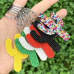Bohemian beaded cactus keychain charms with colorful seed beads for bags and keys