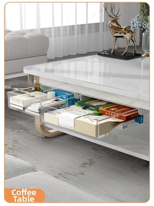 Close-up of clear PET under-desk drawer storage box installed on a marble desk