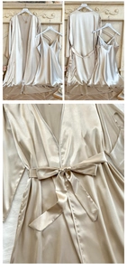 Detailed view of the champagne gold satin robe waist tie and two-piece sleepwear set