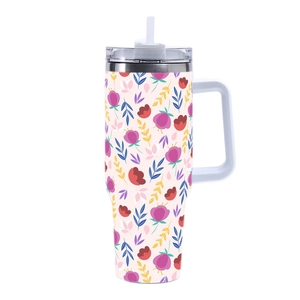 40oz stainless steel travel tumbler with colorful leaf floral print and handle