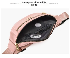 Internal view of pink multi-functional waist bag featuring main compartment and zip pocket