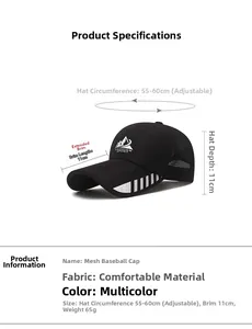 Size chart showing breathable mesh baseball cap with 11cm long brim and 55-60cm adjustability