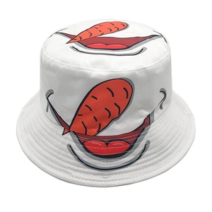 White bucket hat with cartoon mouth and carrot print, casual outdoor sun protection cap