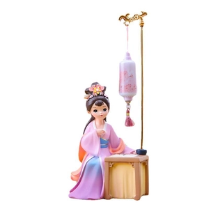 Traditional Chinese lady figurine with lantern lamp on white background decor