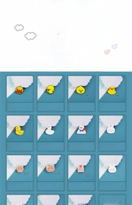 Detailed grid of 12 cute acrylic duck and animal pins with precise size dimensions