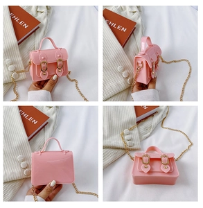 Detailed views of pink mini jelly bag with magnetic closure and golden chain strap