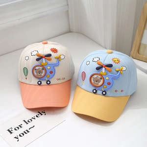 Kids color-block baseball cap with cartoon bear pilot and 3D helicopter embroidery