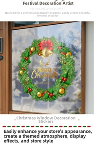 Détail de l'autocollant de fenêtre couronne de Noël avec nœuds rouges et cloches